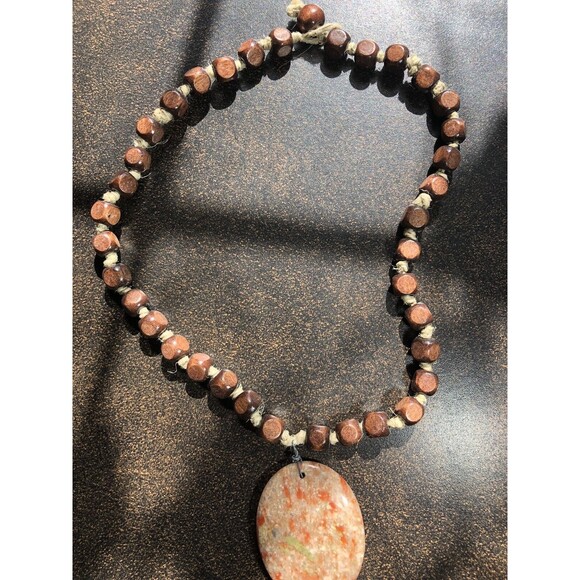 Autumn Jasper Stone Pendant Necklace w Square Wooden Beads Boho Handmade Hippie - Picture 13 of 16